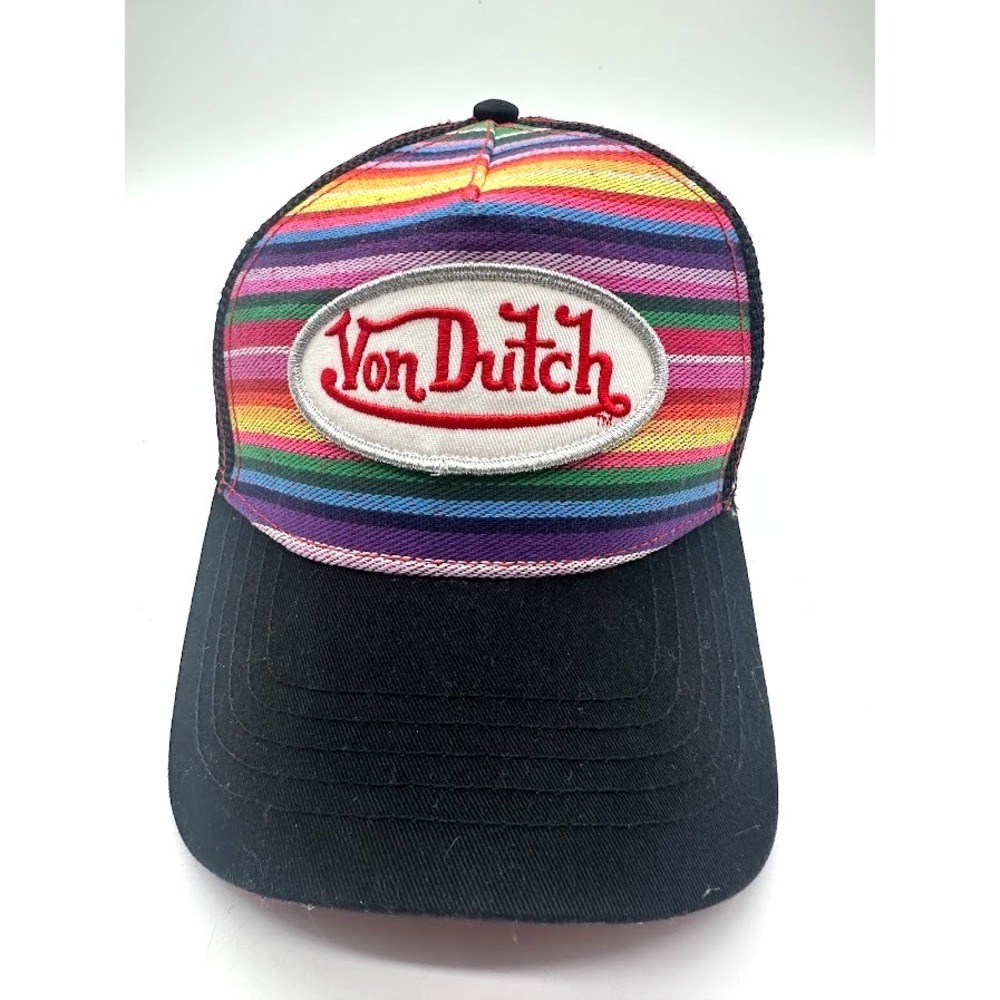 Von Dutch Rainbow Striped Trucker Hat Black Mesh Snapback One Size Unisex USA
